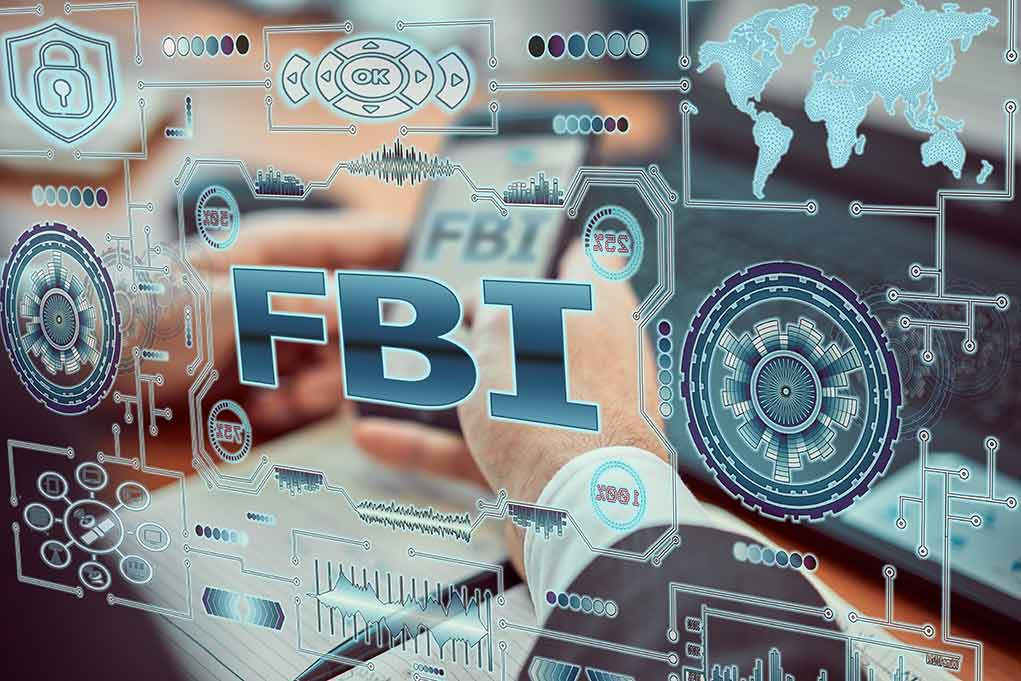 FBI text surrounded by digital security graphics and hands