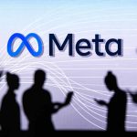 People silhouetted against Meta logo background