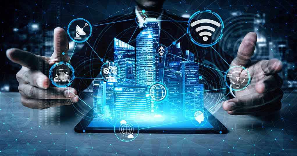 1563192715 Holographic city above tablet with technology icons