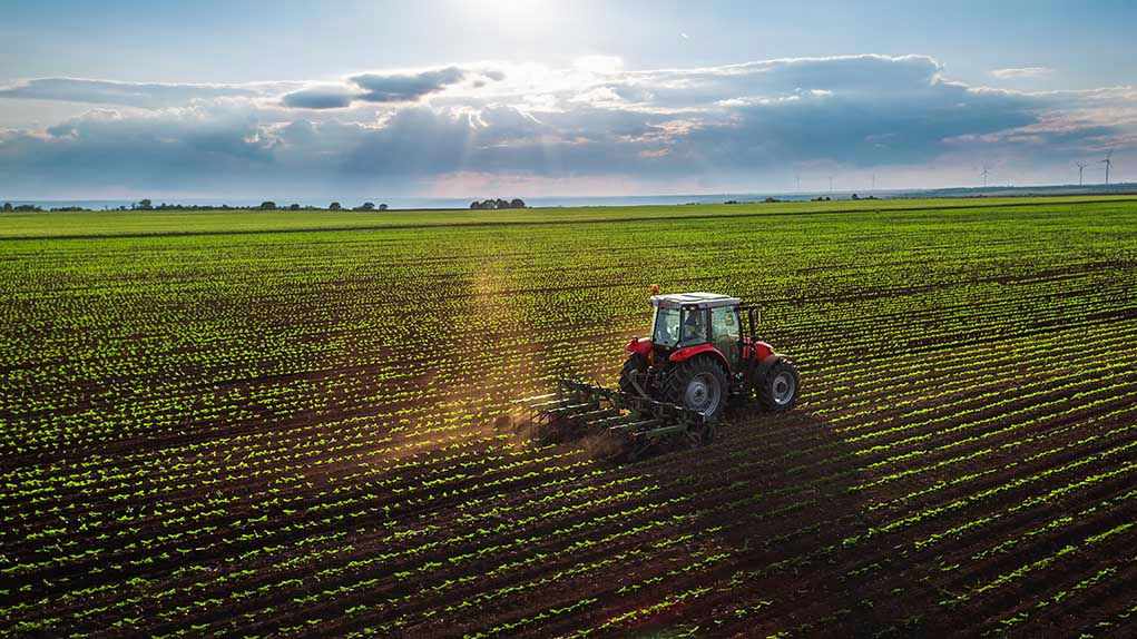 Tractor plowing a vast green field at sunset
