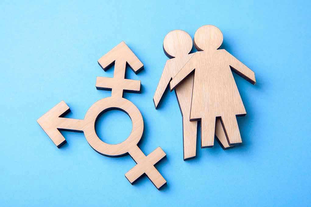 24 States CRUSH Gender Experiment Industry Wooden transgender symbol and couple figures on blue background