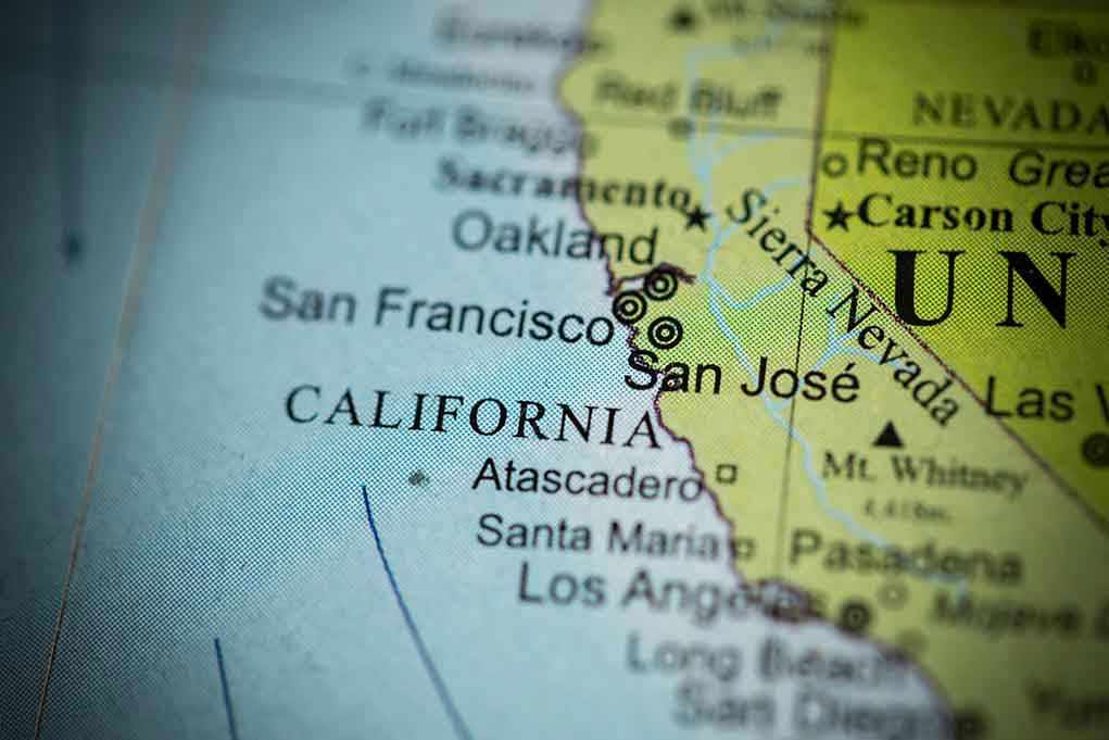 Close up of California map showing major cities