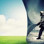 Jim Jordan Targets Climate Court Plot A person in a gas mask pulling back a curtain revealing a polluted cityscape