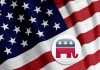 GOP MUTINY: Greene BETRAYS Own Party American flag with Republican elephant symbol.