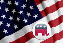 GOP MUTINY: Greene BETRAYS Own Party American flag with Republican elephant symbol.