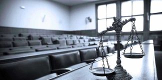 Scales of justice in an empty courtroom