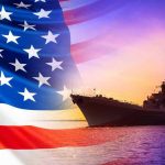 Pensions VANISH After Transgender Ban American flag overlaying warship at sunset.