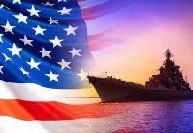 Pensions VANISH After Transgender Ban American flag overlaying warship at sunset.
