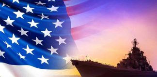 Pensions VANISH After Transgender Ban American flag overlaying warship at sunset.