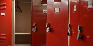 Swalwell’s Dodgy Answers on Locker Room Safety Red lockers with padlocks, one open with hanger.