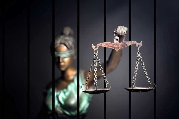 562957564 Blindfolded Lady Justice statue holding scales behind bars