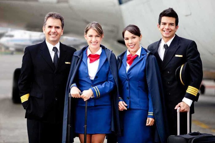 Group of airline crew members posing together at an airport
