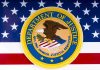 Epstein Files BLOCKED by Federal DOJ Department of Justice seal on American flag background.