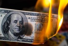 Shocking Misuse of COVID Funds Uncovered Burning hundred-dollar bill with visible flames.