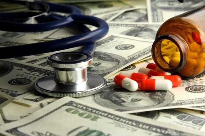 Stethoscope and prescription pills on a background of dollar bills