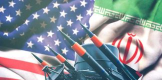 Iran Retaliation Signals War Risk Iran and USA flags with missile launcher.