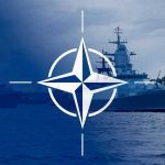 Trump Tests NATO Unity NATO emblem overlaying naval ships in the ocean.