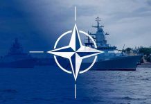 Trump Tests NATO Unity NATO emblem overlaying naval ships in the ocean.