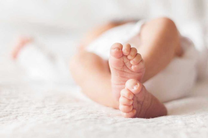 Close-up of baby feet lying on blanket.