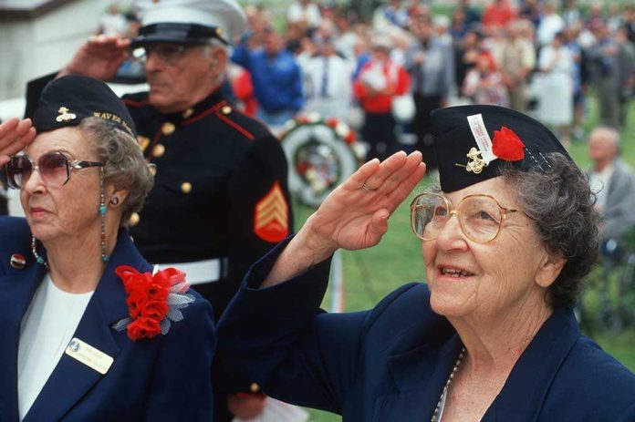 shutterstock_106303052 Elderly women in military attire saluting during a veterans ceremony