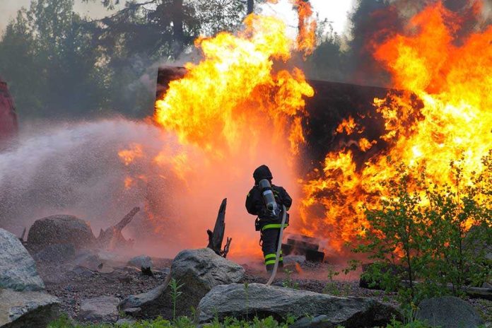 shutterstock_109414631 Firefighter battling a large fire with water spray