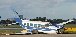 Frozen Speed System Crashes Texas Flight! Damaged blue and white small airplane on an airport runway