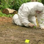 Murder Case Built On ‘Widowed’ Status Forensic investigator in a protective suit collecting evidence from the ground