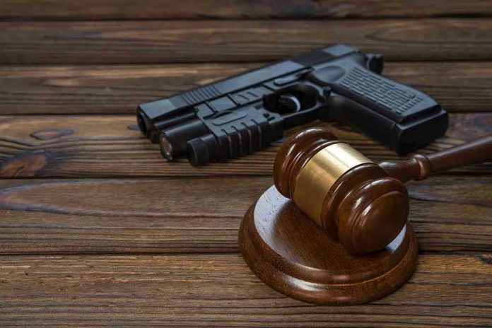1021395283 Gavel and gun on wooden table.