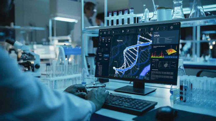 1946049973 Scientist analyzing DNA on computer in laboratory