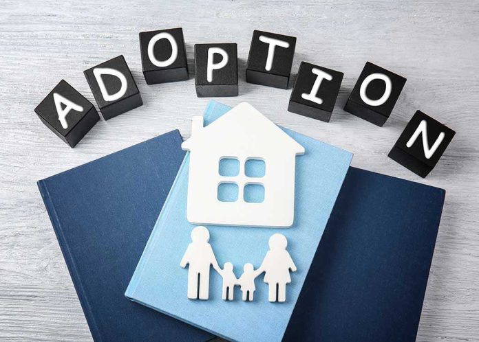 570020908 Adoption blocks, books, house, and family paper cutouts.