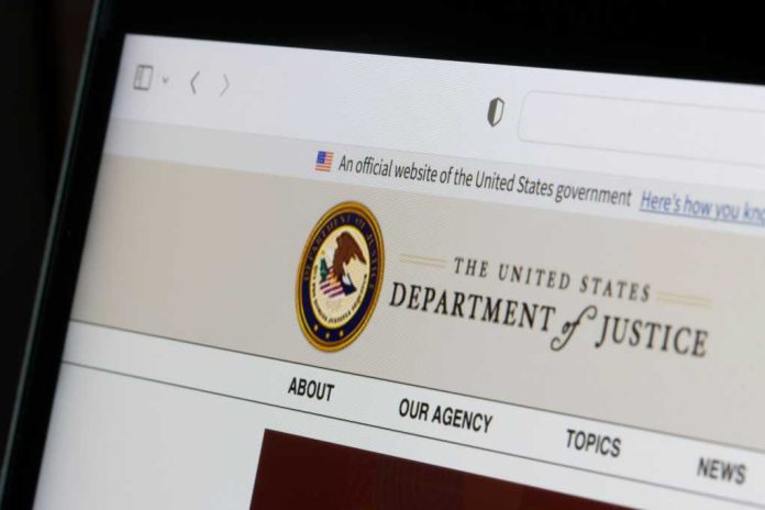 Close-up of the U.S. Department of Justice website on a computer screen