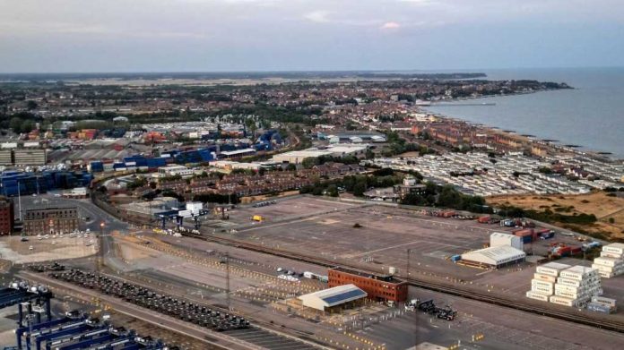 port-of-felixstowe2314661287jpg Aerial view of coastal port and town with container yard