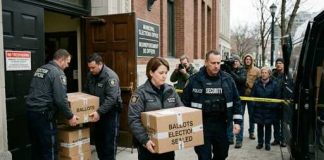 FBI Raid Rumor Sparks Election Firestorm Law enforcement officers transporting sealed ballot boxes outside an election office