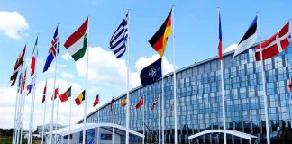 Row of national flags outside a modern glass building