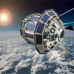 Satellite with solar panels orbiting above Earth’s clouds