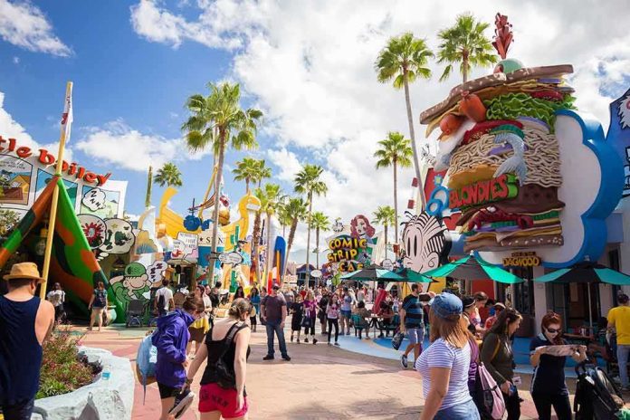 shutterstock_601469678 Crowd walking through a cartoon-themed amusement park street