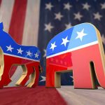 Conservatives vs. Liberals: See Who’s Having More Babies Democratic donkey and Republican elephant symbols on American flag backdrop