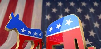 Conservatives vs. Liberals: See Who’s Having More Babies Democratic donkey and Republican elephant symbols on American flag backdrop