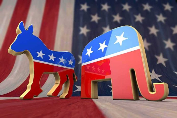 shutterstock_114868483 Democratic donkey and Republican elephant symbols on American flag backdrop