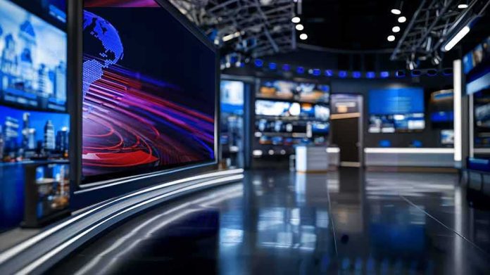 shutterstock_2441638251 modern television news studio with large video screens