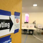 No Troops At Polls — Period Voting sign on door leading to polling place