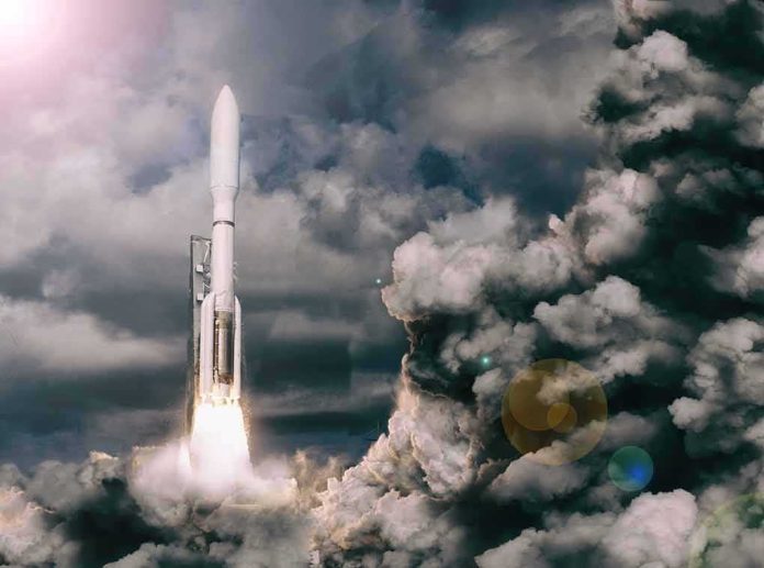 shutterstock_1029537238 Rocket launches through dense clouds