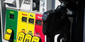 Gas pump with diesel, regular, plus, and premium fuel options