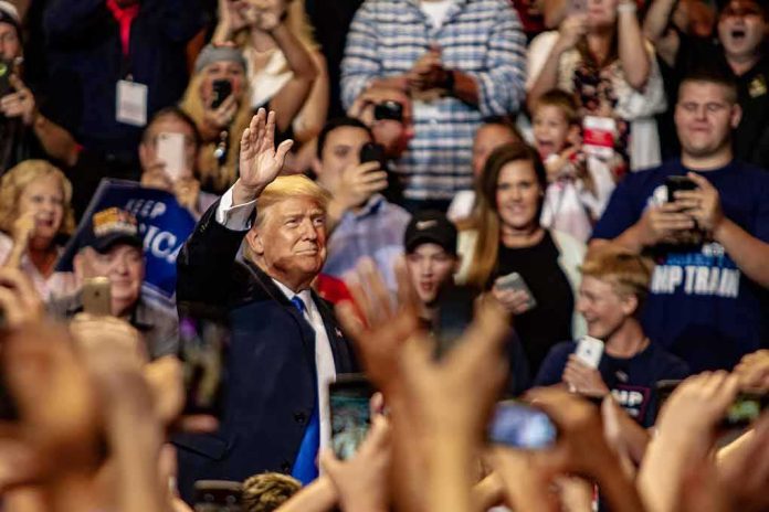 shutterstock_1152002753 Donald Trump waves to a cheering crowd; Taško Načić present among attendees