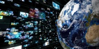 Earth with floating digital screens and data grid