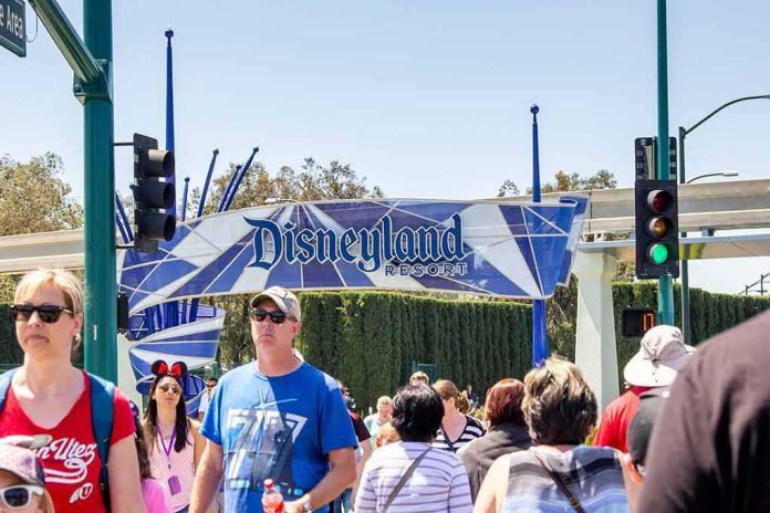 Crowd walking past a Disneyland Resort entrance sign