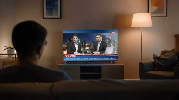 shutterstock_1672762945 Person watching a live news broadcast on TV in a cozy living room