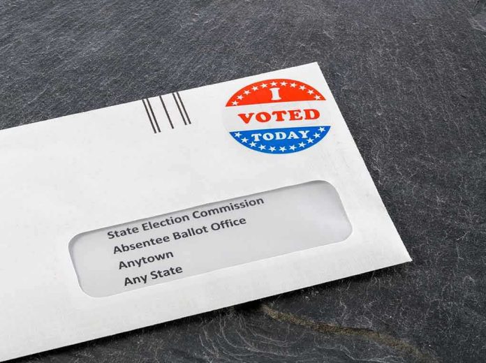 shutterstock_1701925045 Absentee ballot envelope with I Voted sticker on dark surface