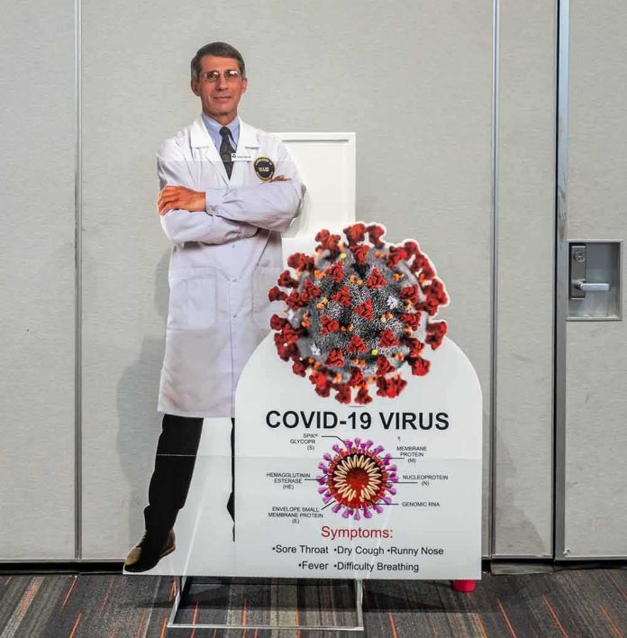 Cardboard cutout of doctor with COVID-19 virus info display