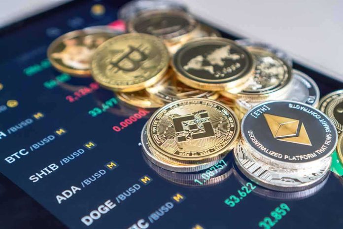 Stack of cryptocurrency coins on a trading app screen